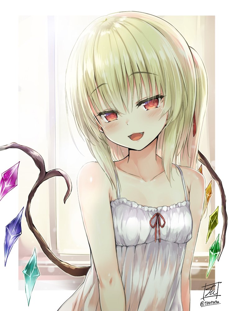 1girl :d artist_name bangs bare_arms bare_shoulders blonde_hair blush border breasts camisole collarbone commentary_request crystal eyebrows_visible_through_hair fangs flandre_scarlet frills hair_between_eyes hair_ribbon head_tilt looking_at_viewer no_hat no_headwear one_side_up open_mouth outside_border red_eyes red_ribbon ribbon signature small_breasts smile solo spaghetti_strap tirotata touhou twitter_username upper_body white_border window wings