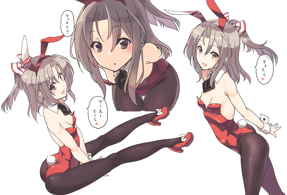 1girl animal_ears ascot black_ascot black_legwear breasts brown_eyes brown_hair bunny_tail bunnysuit cowboy_shot detached_collar full_body hair_ribbon high_heels high_ponytail kantai_collection leaning_forward leotard long_hair multiple_views nakadori_(movgnsk) pantyhose rabbit_ears red_footwear red_leotard ribbon simple_background small_breasts strapless strapless_leotard tail thigh_gap white_background wrist_cuffs zuihou_(kantai_collection)