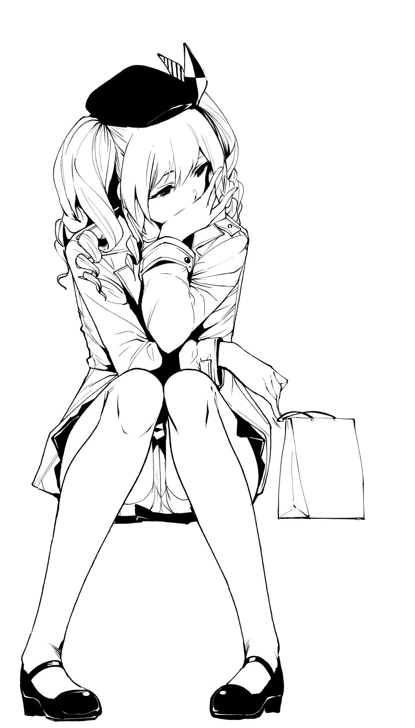 1girl alternate_costume bag beret blazer covering_face full_body hand_on_own_chin hat highres jacket kantai_collection kashima_(kantai_collection) lineart long_sleeves mary_janes monochrome shoes shopping_bag sitting solo tomohiro_kai tsurime twintails wavy_hair