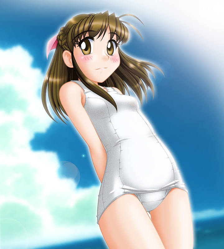 1girl antenna_hair arms_behind_back blue_sky blush bow braid breasts brown_eyes brown_hair clouds day hair_bow katsuragi_ayane long_hair looking_at_viewer neopure outdoors pink_bow school_swimsuit sidelocks sky small_breasts smile solo standing swimsuit true_love_story white_school_swimsuit white_swimsuit