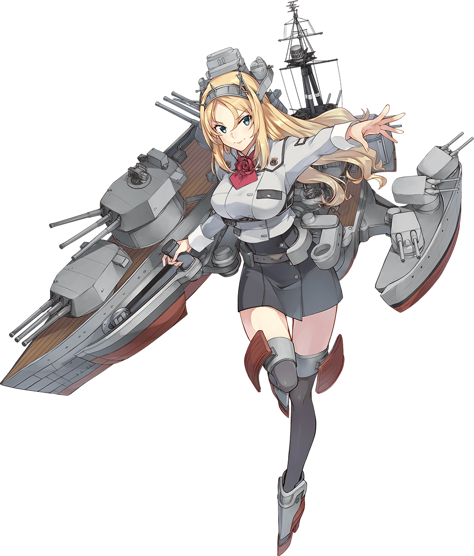 1girl blonde_hair blue_eyes breasts headgear kantai_collection konishi_(koconatu) large_breasts long_hair machinery military military_uniform nelson_(kantai_collection) official_art outstretched_arm thigh-highs turret uniform weapon zettai_ryouiki