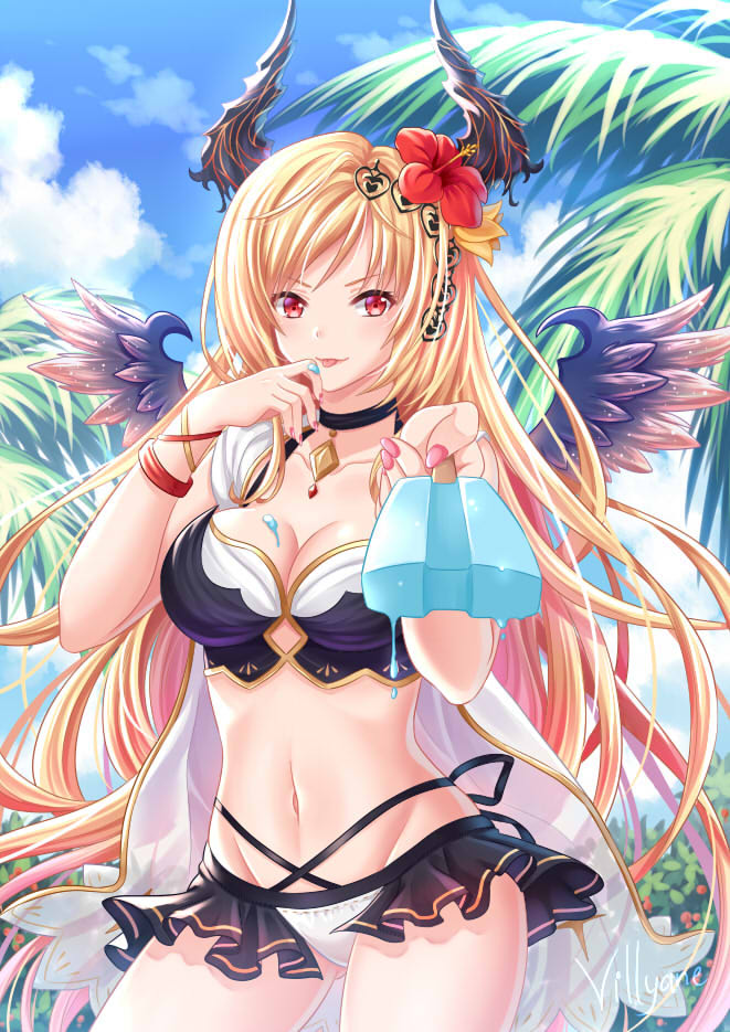 1girl :p ass_visible_through_thighs bikini black_bikini_top black_choker black_skirt blonde_hair blue_sky breasts choker cleavage closed_mouth clouds collarbone commentary_request curled_horns dark_angel_olivia day dripping feathered_wings fingernails flower food food_on_finger granblue_fantasy groin hair_flower hair_ornament hand_to_own_mouth holding holding_food horns long_hair medium_breasts melting nail_polish navel orange_flower outdoors palm_tree pink_nails pleated_skirt popsicle purple_wings red_eyes red_flower see-through showgirl_skirt signature skirt sky smile solo swimsuit tongue tongue_out tree very_long_hair villyane white_bikini_bottom wings