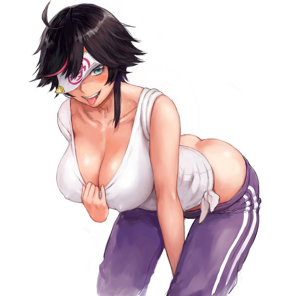 1girl ahoge ass bare_shoulders bent_over black_hair blue_eyes blush breasts butt_crack character_request cleavage cleavage_reach collarbone commentary_request copyright_request covered_nipples covering_eyes erect_nipples hanging_breasts large_breasts leaning_forward looking_at_viewer multicolored_hair one_eye_covered open_mouth original pants purple_pants short_hair shu-mai streaked_hair tongue tongue_out track_pants white_tank_top