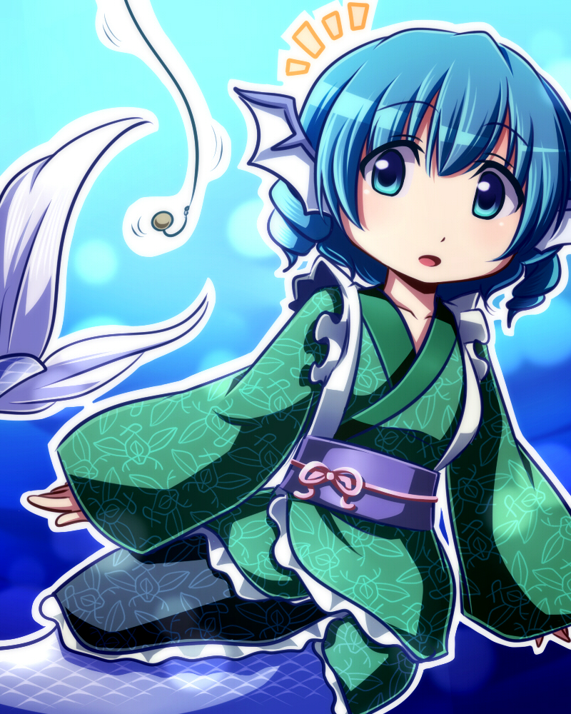 1girl :o animal_ears bait blue_background blue_eyes blue_hair commentary_request drill_hair eyebrows_visible_through_hair fishing_hook fishing_line floral_print green_kimono head_fins japanese_clothes kimono long_sleeves mermaid notice_lines obi outline parted_lips sash solo tottsuman touhou underwater wakasagihime white_outline wide_sleeves