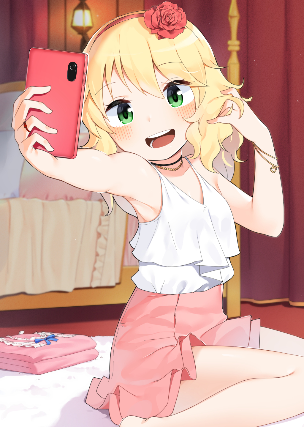 1girl :d armpits bangs bare_arms bare_shoulders bed blonde_hair blush cellphone collarbone commentary english_commentary eyebrows_visible_through_hair flower folded_clothes green_eyes hair_between_eyes hair_flower hair_ornament hairband head_tilt heart highres holding holding_cellphone holding_phone idolmaster idolmaster_cinderella_girls indoors long_hair necktie noria open_mouth outstretched_arm phone pink_skirt pleated_skirt red_flower red_hairband red_rose rose round_teeth sakurai_momoka shirt sitting skirt sleeveless sleeveless_shirt smartphone smile solo taking_picture teeth upper_teeth wariza white_shirt