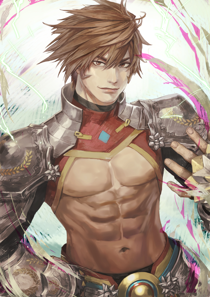 1boy 23/7 abs armor brown_eyes brown_hair hand_on_hip hand_up looking_at_viewer male_focus muscle navel pink_blood solo standing suiact upper_body