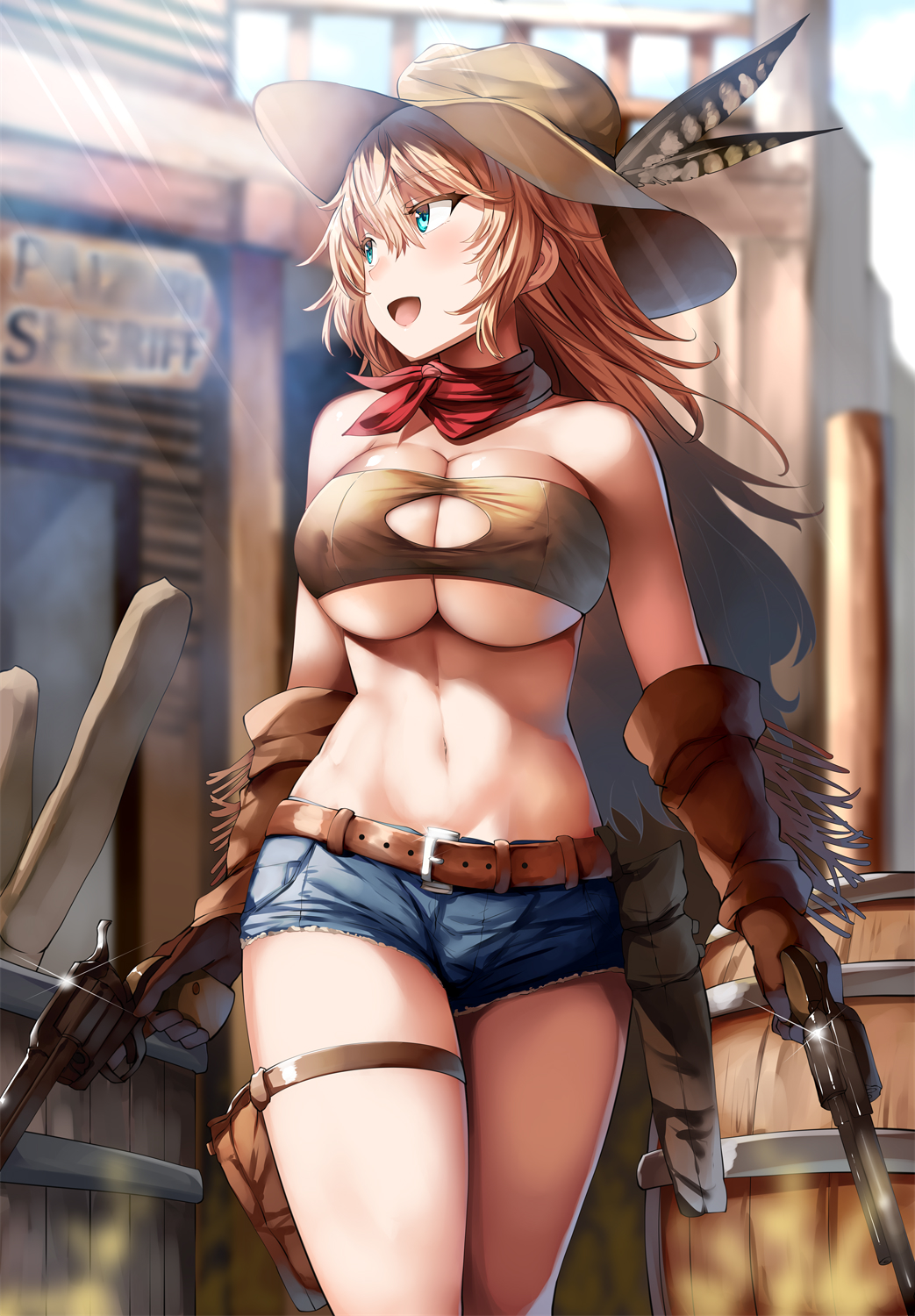 1girl bandeau bangs bare_shoulders barrel belt blonde_hair blue_eyes blush breasts brown_gloves center_opening character_request cleavage cleavage_cutout collarbone denim denim_shorts dual_wielding elbow_gloves gloves gun hair_between_eyes handgun hat hat_feather highres hips holding holster large_breasts lolicept long_hair looking_to_the_side navel open_mouth outdoors red_neckwear revolver short_shorts shorts smile solo sound_project_siva sunlight thigh_strap thighs under_boob waist weapon