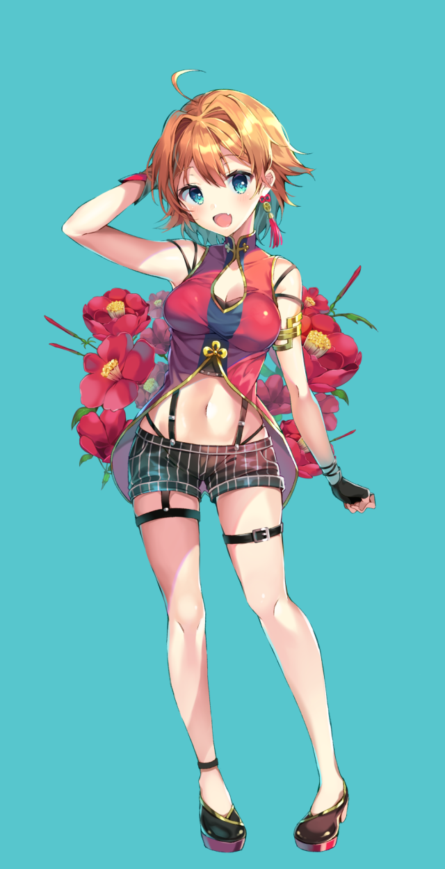 1girl :d ahoge arm_up bare_shoulders black_footwear black_gloves black_shorts breasts cleavage collarbone copyright_request covered_collarbone earrings fang fingerless_gloves flower full_body gloves green_background hair_intakes highres jewelry medium_breasts navel open_mouth pinb red_flower red_shirt shirt short_shorts shorts simple_background sleeveless sleeveless_shirt smile solo standing striped vertical-striped_shorts vertical_stripes virtual_youtuber