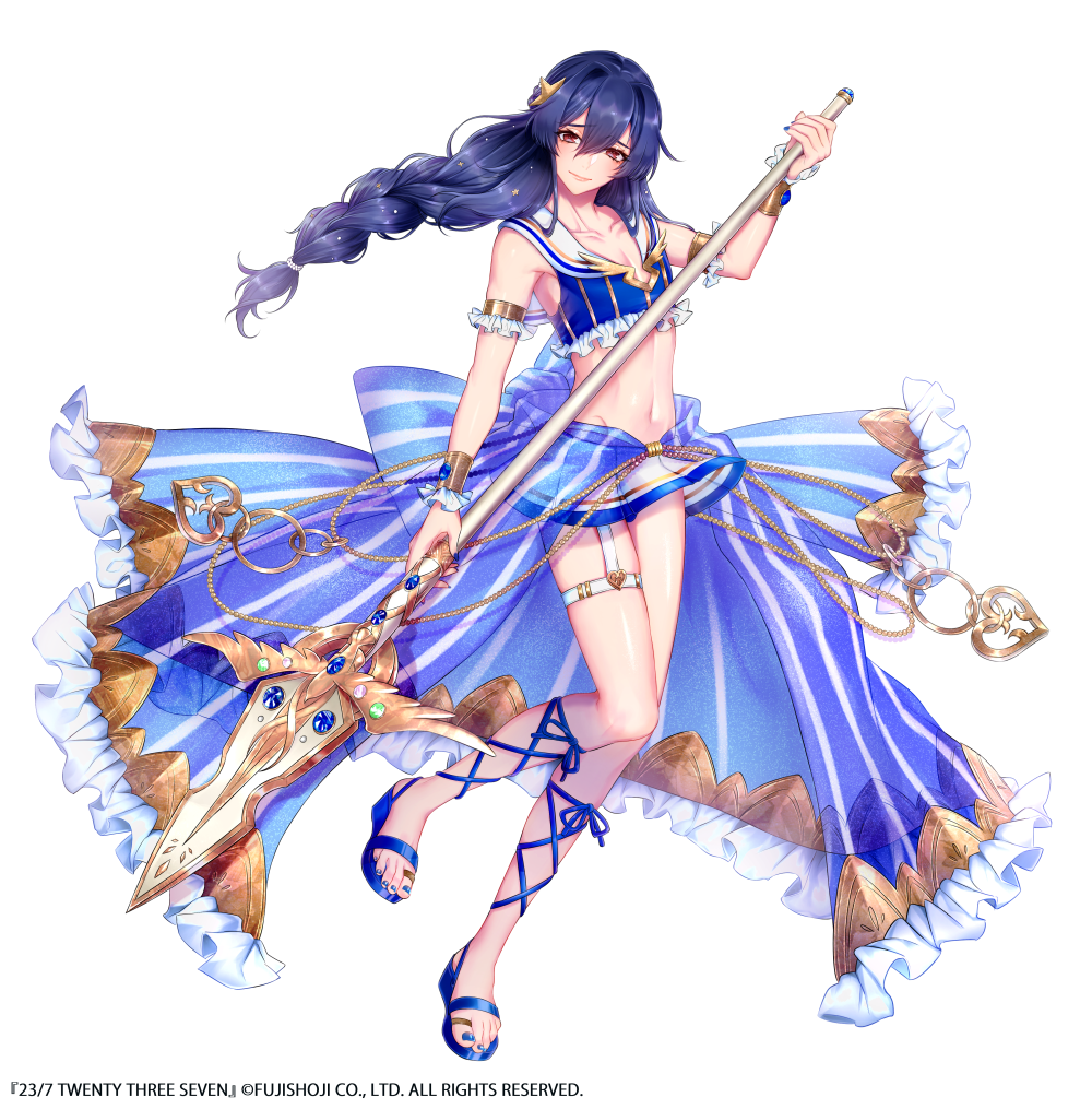 1girl 23/7 armlet black_hair blue_bow blue_footwear blue_legwear blue_nails bow braid breasts brown_eyes frills full_body hair_between_eyes heart holding holding_spear holding_weapon jewelry morino_bambi nail_polish navel official_art polearm sandals see-through small_breasts solo spear standing standing_on_one_leg thigh_strap toe_ring watermark weapon white_background wrist_cuffs