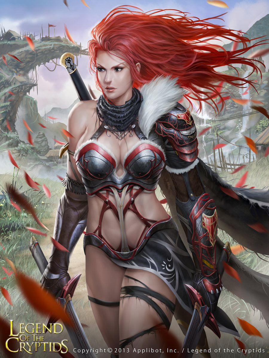 1girl bandage breasts cape chrisnfy85 cleavage copyright_name fur_trim gloves grass highres legend_of_the_cryptids lipstick long_hair makeup official_art petals redhead river rock sky solo sword teeth weapon