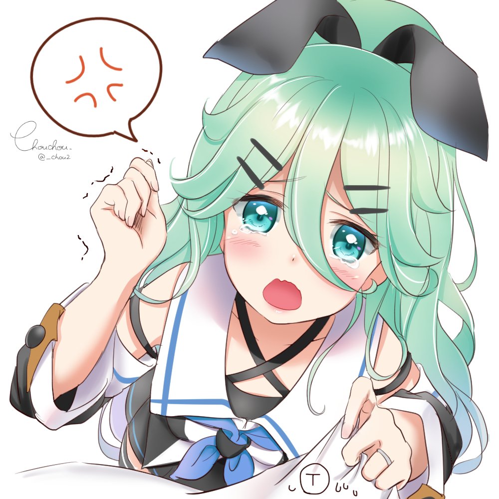 1girl animal_ears aqua_hair blue_eyes blush breasts chou2 crying crying_with_eyes_open eyebrows_visible_through_hair hair_between_eyes hair_ornament hairclip jewelry kantai_collection long_hair looking_at_viewer medium_breasts open_mouth rabbit_ears ring school_uniform serafuku simple_background tears wedding_ring white_background yamakaze_(kantai_collection)