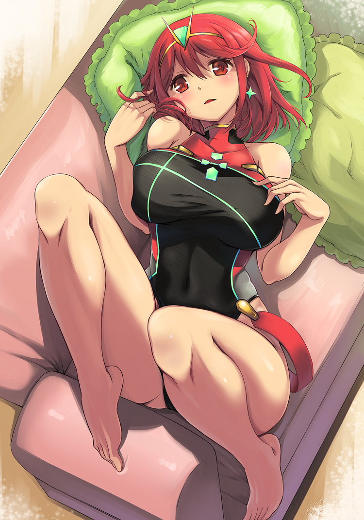 1girl barefoot breasts competition_swimsuit earrings feet from_above pyra_(xenoblade) jewelry large_breasts light_blush looking_at_viewer lying nintendo on_back one-piece_swimsuit open_mouth pillow red_eyes redhead short_hair sleeveless solo swimsuit tiara xenoblade_(series) xenoblade_2 yuu_(kfc)