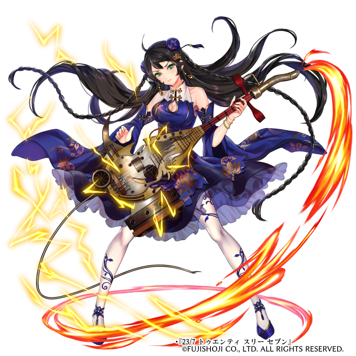 1girl 23/7 ahoge bangle bare_shoulders black_hair blue_dress blue_footwear bracelet braid breasts bun_cover copyright_name detached_sleeves double_bun dress earrings electricity fire floral_print full_body green_eyes instrument instrument_request jewelry long_hair looking_at_viewer official_art pantyhose rua_(k-tie) solo standing twin_braids very_long_hair watermark white_background white_legwear wide_sleeves