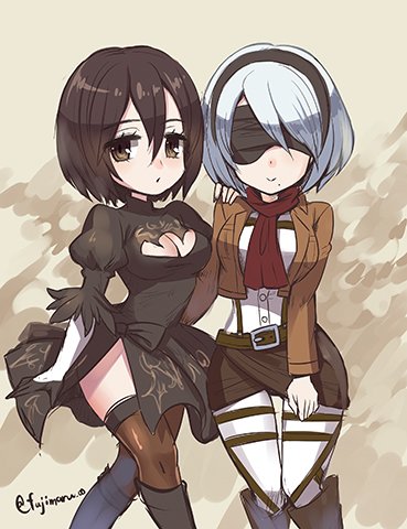 2girls bangs black_dress black_hair black_hairband blindfold bob_cut breasts brown_eyes brown_jacket brown_legwear closed_mouth commentary_request cosplay costume_switch cropped_jacket crossover dress feather-trimmed_sleeves fujimaru_(green_sparrow) hair_between_eyes hairband ishikawa_yui jacket long_sleeves lowres medium_breasts mikasa_ackerman mikasa_ackerman_(cosplay) mole mole_under_mouth multiple_girls nier_(series) nier_automata open_clothes open_jacket puffy_sleeves red_scarf scarf seiyuu_connection shingeki_no_kyojin shirt short_hair side_slit smile thigh-highs twitter_username white_hair white_legwear white_shirt yorha_no._2_type_b yorha_no._2_type_b_(cosplay)