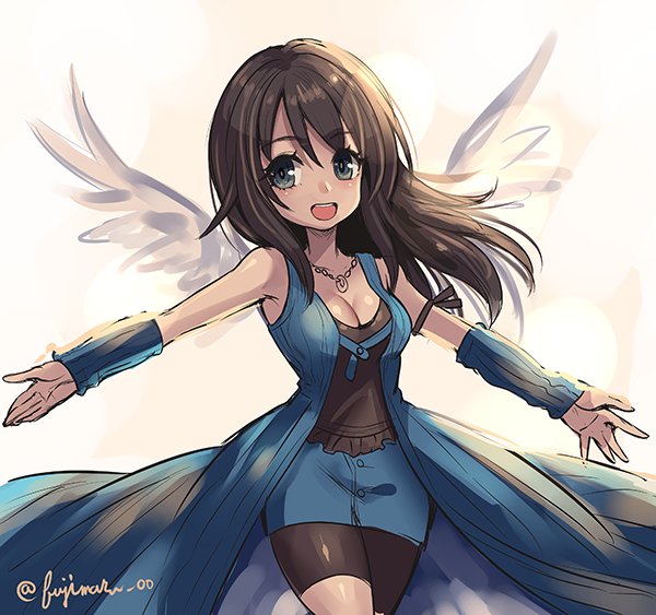 1girl :d angel_wings arm_warmers bangs bare_shoulders bike_shorts black_hair blue_skirt breasts cleavage eyebrows_visible_through_hair final_fantasy final_fantasy_viii fujimaru_(green_sparrow) grey_eyes jewelry looking_at_viewer medium_breasts miniskirt necklace open_mouth outstretched_arms rinoa_heartilly shorts shorts_under_skirt skirt smile solo straight_hair teeth twitter_username white_wings wings