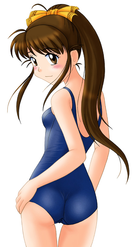 1girl arm_at_side ass blue_swimsuit blush bow breasts brown_eyes hair_bow long_hair looking_at_viewer looking_back morishita_akane neopure ponytail school_swimsuit sidelocks simple_background small_breasts smile standing swimsuit true_love_story white_background yellow_bow