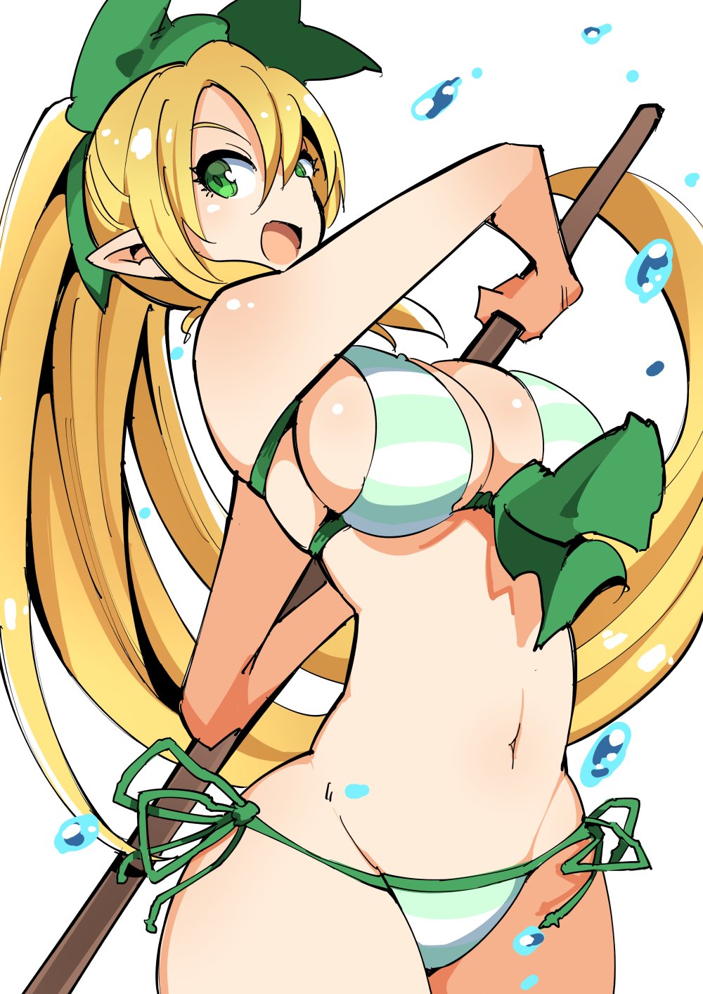 1girl :d bangs bikini blonde_hair bow breasts cleavage elf green_eyes groin hair_between_eyes hair_bow highres hips large_breasts leafa long_hair looking_at_viewer nac000 navel open_mouth pointy_ears ponytail side-tie_bikini simple_background smile solo string_bikini striped striped_bikini swimsuit sword_art_online very_long_hair water water_drop white_background