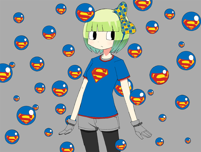 1girl abe_tomomi bangs black_eyes black_legwear blue_shirt blunt_bangs bob_cut bow breasts bubble cowboy_shot gloves green_hair grey_background hair_bow hairband original plaid plaid_bow shirt short_hair short_sleeves shorts small_breasts solo superman_(series) t-shirt