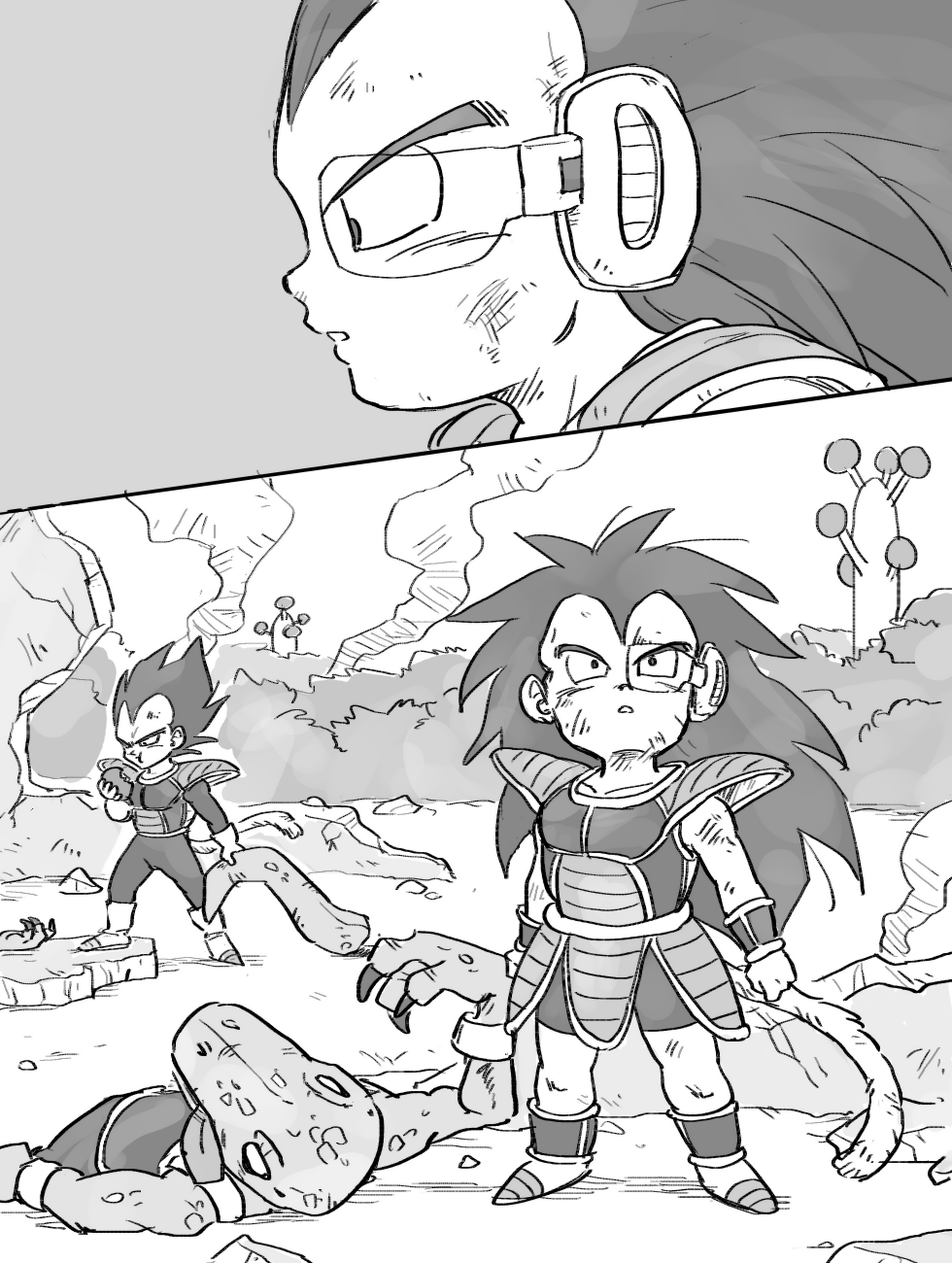 2boys armor black_eyes black_hair boots close-up comic dirty dirty_clothes dirty_face dragon_ball eating expressionless full_body grey_background greyscale highres long_hair looking_away looking_up male_focus monochrome multiple_boys outdoors profile raditz scouter silent_comic simple_background smoke standing tail tkgsize upper_body vegeta younger