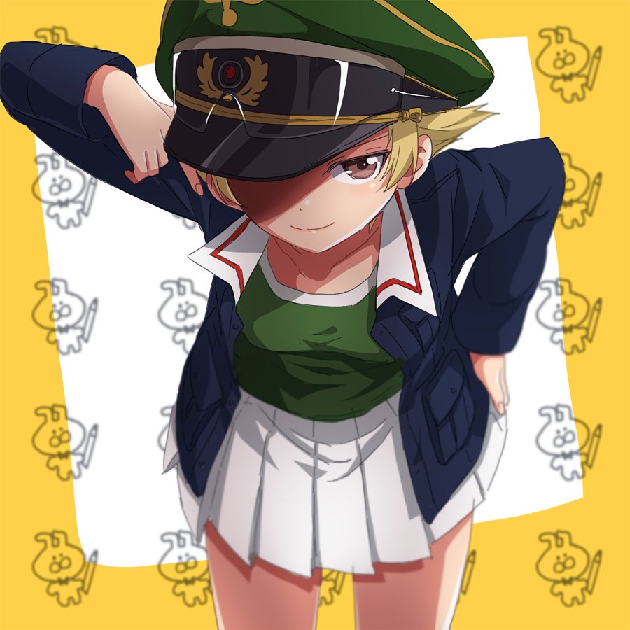 1girl adjusting_clothes adjusting_hat arm_up blonde_hair blue_jacket blurry blurry_background brown_eyes closed_mouth cowboy_shot depth_of_field erwin_(girls_und_panzer) girls_und_panzer goggles goggles_on_headwear green_hat green_shirt hand_on_hip hat hat_over_one_eye jacket leaning_forward long_sleeves looking_at_viewer military military_hat military_uniform miniskirt ooarai_military_uniform open_clothes open_jacket peaked_cap pleated_skirt pointy_hair shirt short_hair skirt smile solo sonasiz standing uniform white_skirt yellow_background
