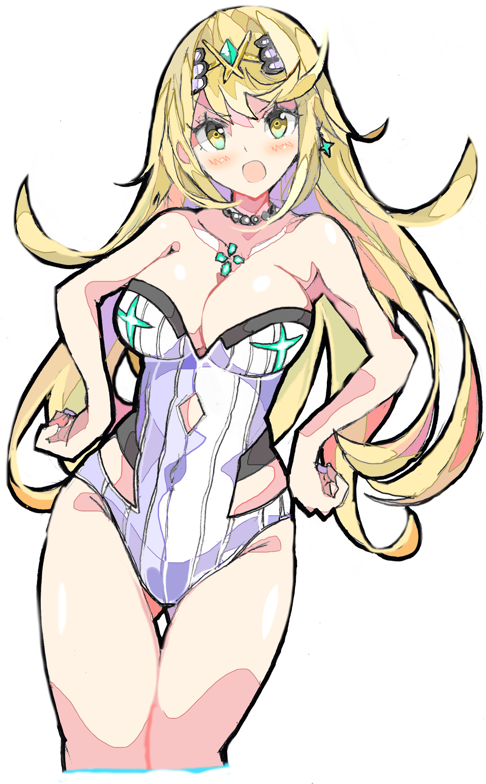 1girl angry bangs bare_shoulders blonde_hair blush breasts cleavage enpe highres mythra_(xenoblade) jewelry large_breasts long_hair looking_at_viewer nintendo one-piece_swimsuit simple_background solo swimsuit white_background xenoblade_(series) xenoblade_2 yellow_eyes