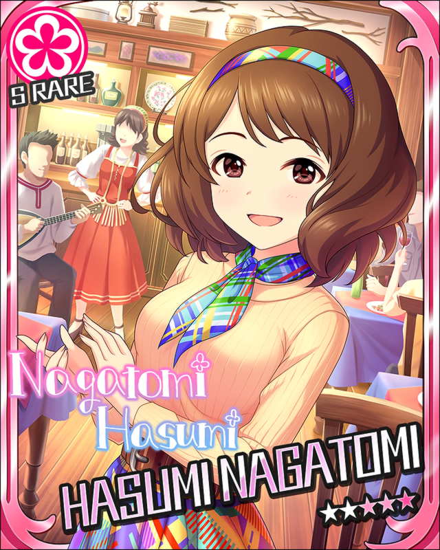 blush brown_eyes brown_hair character_name dress idolmaster idolmaster_cinderella_girls nagatomi_hasumi short_hair smile stars