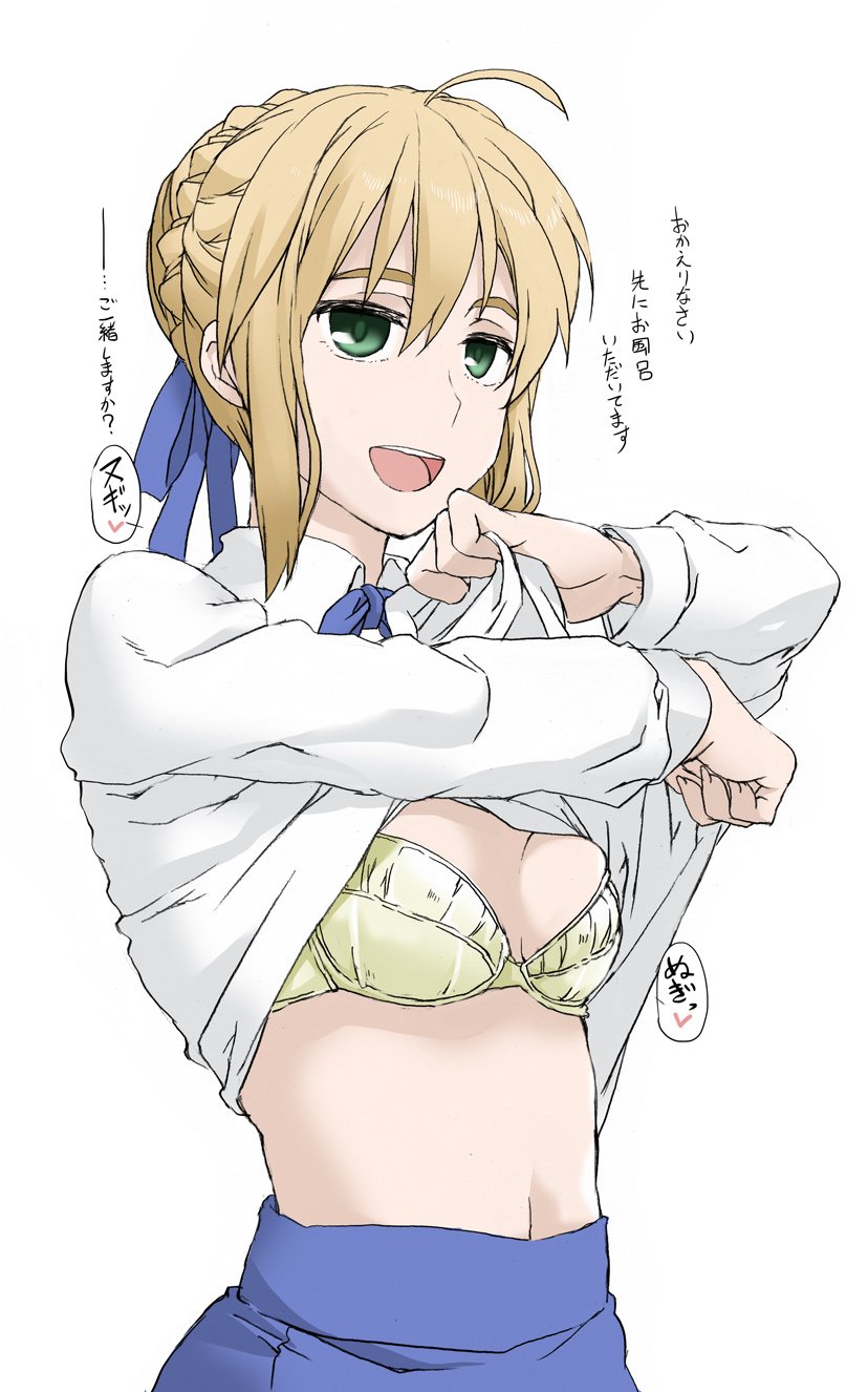 1girl artoria_pendragon_(all) blonde_hair bow breasts cowboy_shot elf_(stroll_in_the_woods) eyebrows_visible_through_hair fate/stay_night fate_(series) graphite_(medium) green_eyes hair_between_eyes highres looking_at_viewer navel saber self_exposure shirt_lift small_breasts smile solo traditional_media translated yellow_bow