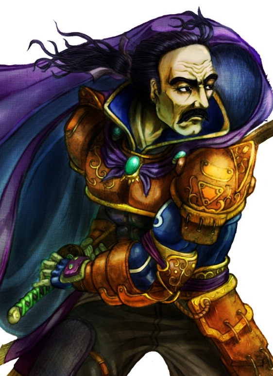 1boy armor black_eyes black_hair cape cayenne_garamonde facial_hair final_fantasy final_fantasy_vi gauntlets gogo_(pixiv47445) looking_to_the_side male_focus mustache old_man ponytail purple_cape samurai solo standing sword weapon