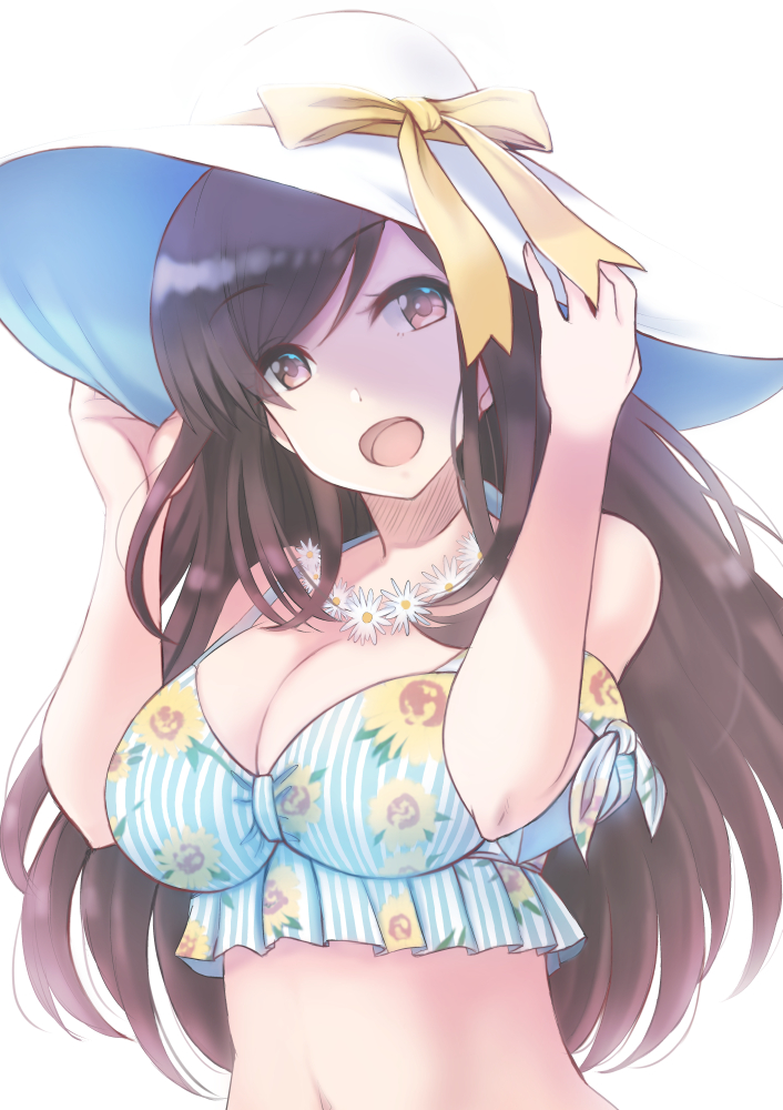 1girl bangs bare_shoulders blush breasts brown_eyes brown_hair cleavage crop_top floral_print flower flower_necklace hat hat_ribbon idolmaster idolmaster_shiny_colors jewelry large_breasts long_hair looking_at_viewer necklace open_mouth ribbon shiroyukimajima simple_background smile solo sun_hat swept_bangs tsukioka_kogane waist white_background yellow_ribbon