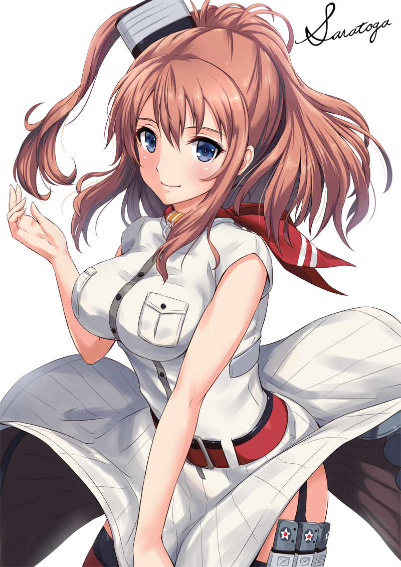 1girl anchor bare_shoulders belt_buckle blouse blue_eyes breast_pocket breasts brown_hair buckle character_name closed_mouth dress eyebrows_visible_through_hair garter_straps hair_between_eyes kantai_collection large_breasts long_hair looking_at_viewer neckerchief pocket ponytail red_belt red_legwear red_neckwear sakiyamama saratoga_(kantai_collection) side_ponytail simple_background smile smokestack solo thigh-highs white_background white_blouse white_dress wind wind_lift