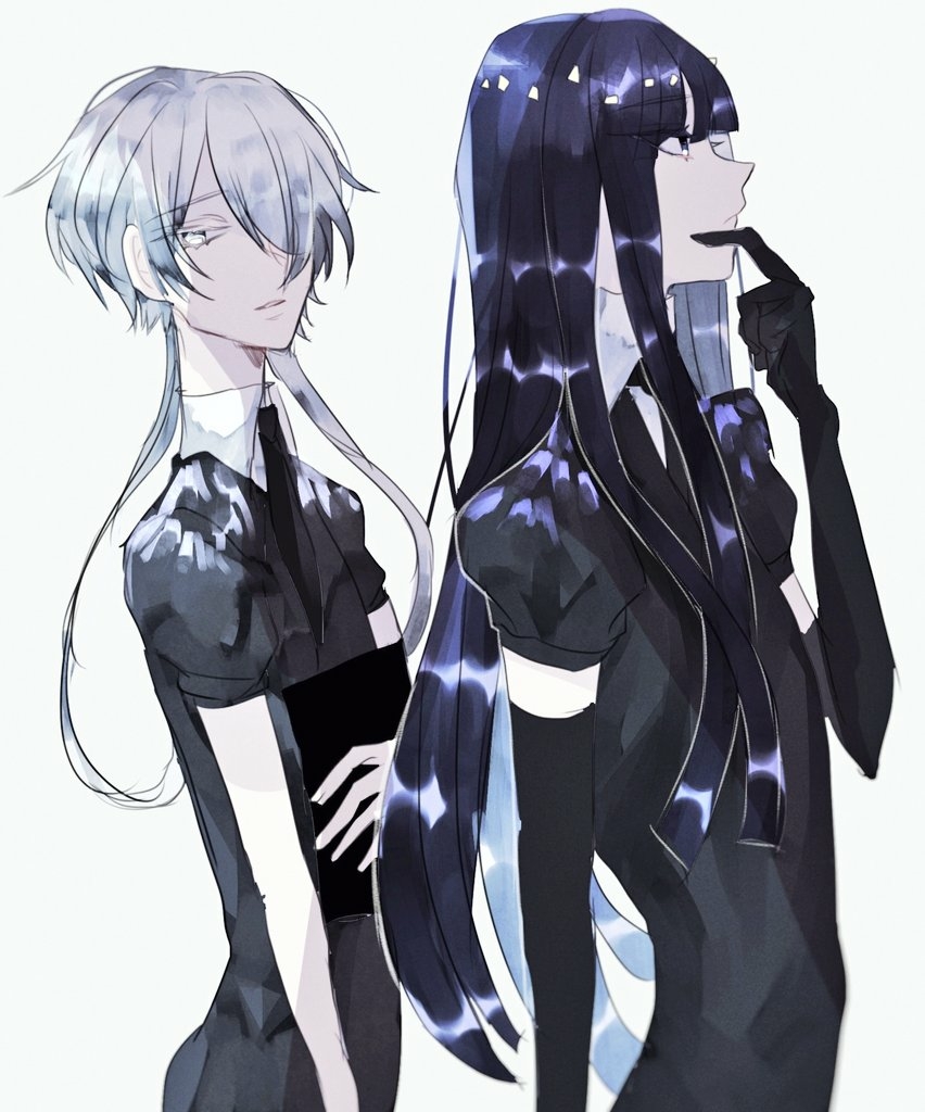 2others androgynous blue_eyes blue_hair elbow_gloves gem_uniform_(houseki_no_kuni) ghost_quartz_(houseki_no_kuni) gloves hair_over_one_eye hime_cut houseki_no_kuni lapis_lazuli_(houseki_no_kuni) long_hair looking_at_viewer multiple_others necktie saku_(saku5991) short_hair_with_long_locks silver_hair white_eyes white_hair