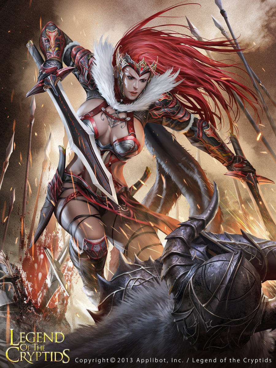 1girl bandage blood breasts cape chrisnfy85 cleavage copyright_name faceless faceless_male fur_trim gloves helmet highres horns legend_of_the_cryptids lipstick long_hair makeup official_art polearm redhead sky solo spear sword teeth tiara weapon