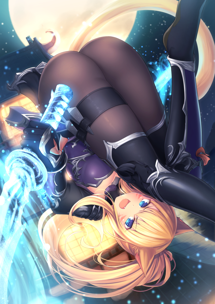 1girl :d animal_ears ass black_footwear black_gloves blonde_hair blue_eyes boots bracer brown_legwear cat_ears cat_tail commentary_request energy_sword fang final_fantasy final_fantasy_xiv full_moon gloves glowing glowing_sword glowing_weapon highres kunai long_hair looking_at_viewer miqo'te moon mutsuba_fumi night open_mouth outdoors pantyhose ponytail reverse_grip shin_guards shoulder_armor smile solo sword tail thigh-highs thigh_boots thigh_strap upside-down weapon whisker_markings