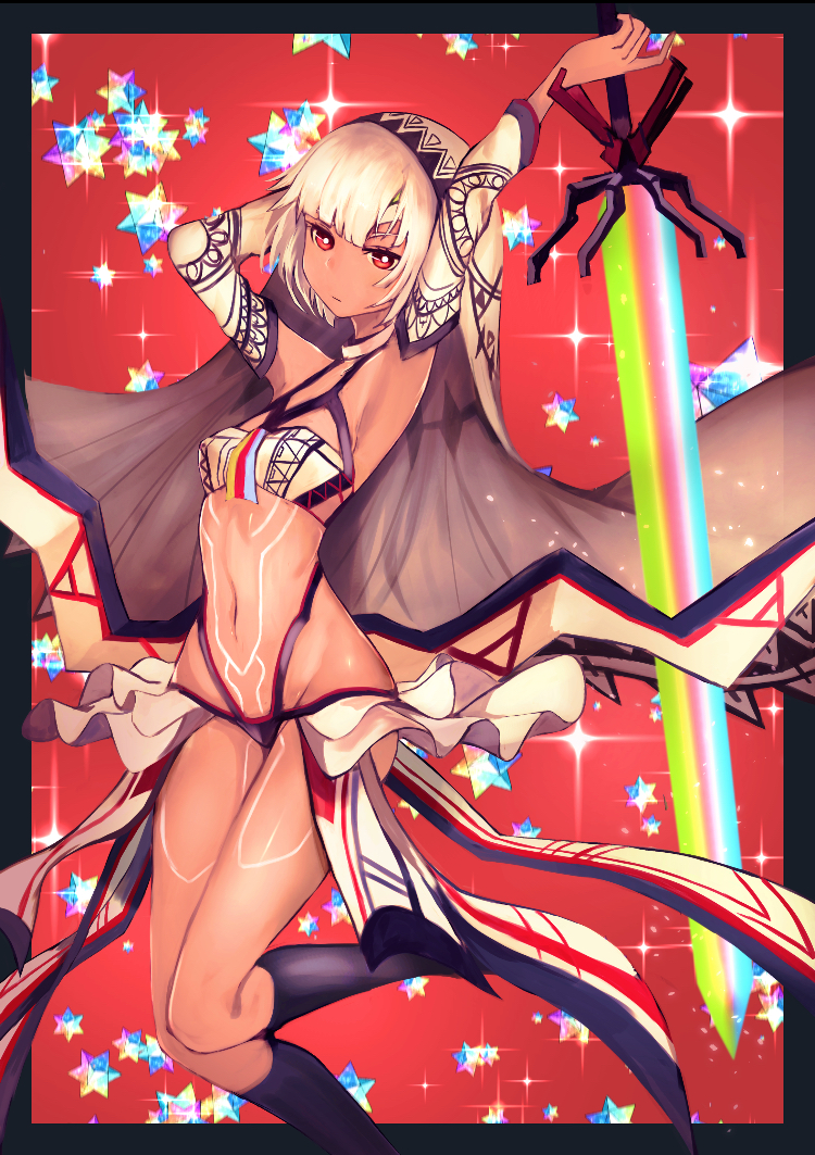 1girl altera_(fate) armpits bangs blunt_bangs breasts choker dark_skin detached_sleeves fate/grand_order fate_(series) full_body_tattoo headdress hips holding holding_sword holding_weapon jewelry leg_tattoo legs midriff navel photon_ray red_eyes revealing_clothes saint_quartz sanshouuo short_hair showgirl_skirt skirt small_breasts socks solo stomach stomach_tattoo sword tan tattoo thighs veil weapon white_hair white_skirt