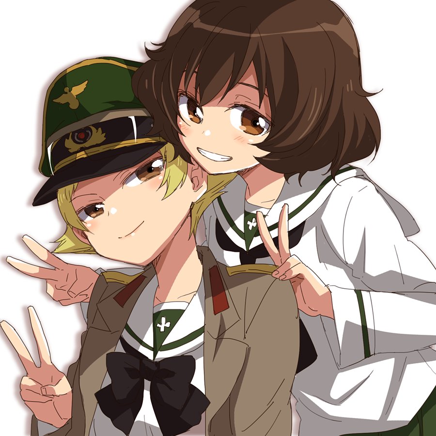 2girls akiyama_yukari bangs behind_another black_neckwear blonde_hair bow bowtie brown_eyes brown_hair brown_jacket commentary double_v erwin_(girls_und_panzer) girls_und_panzer goggles goggles_on_headwear green_hat grin half-closed_eyes hands_on_another's_shoulders hat head_tilt jacket long_sleeves looking_at_viewer messy_hair military_hat military_jacket multiple_girls ooarai_school_uniform open_clothes open_jacket peaked_cap pointy_hair pose shadow short_hair smile sonasiz v white_background