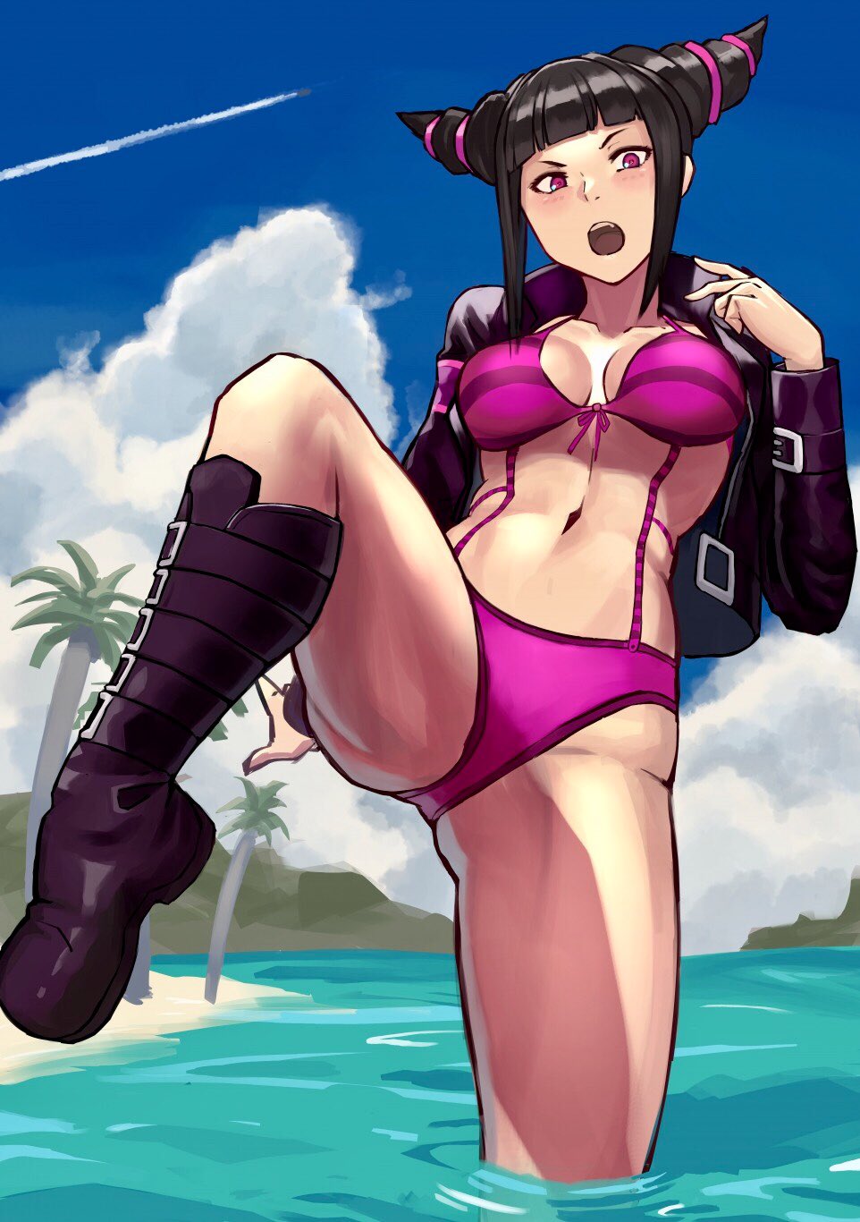 1girl alternate_costume ass_visible_through_thighs beach blue_sky boots breasts cleavage clouds commentary condensation_trail drill_hair han_juri highres looking_at_viewer medium_breasts navel ocean open_mouth palm_tree partially_submerged sand sky solo stomach street_fighter street_fighter_v swimsuit toned tree twin_drills violet_eyes water yuu3
