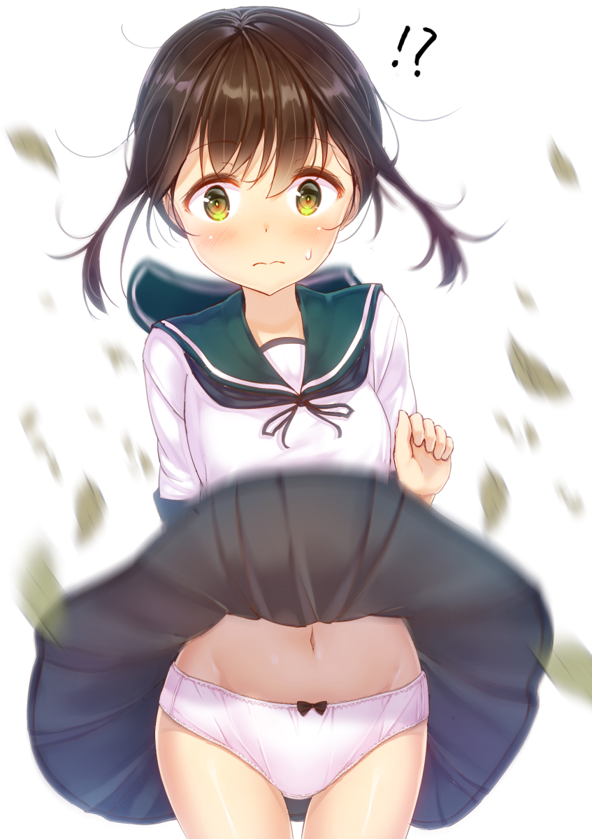 !? 1girl bangs black_ribbon blush bow bow_panties brown_hair closed_mouth commentary_request eyebrows_visible_through_hair fubuki_(kantai_collection) green_sailor_collar hair_between_eyes hand_up highres kantai_collection lifted_by_self minarai_shachou motion_blur neck_ribbon panties pink_panties ribbon sailor_collar school_uniform serafuku shirt short_sleeves simple_background skirt skirt_lift solo surprised sweat underwear wavy_mouth white_background white_shirt yellow_eyes