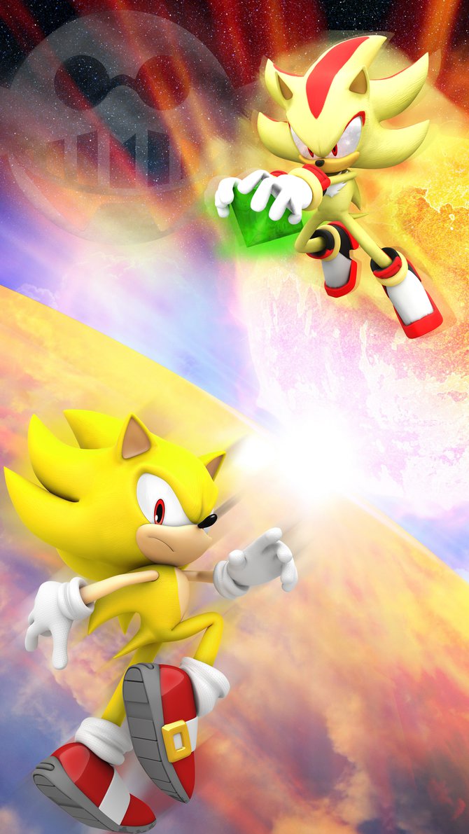 2boys 3d artist_request background chaos_emerald earth emblem holding light multiple_boys shadow_the_hedgehog sonic sonic_adventure_2 sonic_the_hedgehog source_request space space_colony_ark super_shadow super_sonic