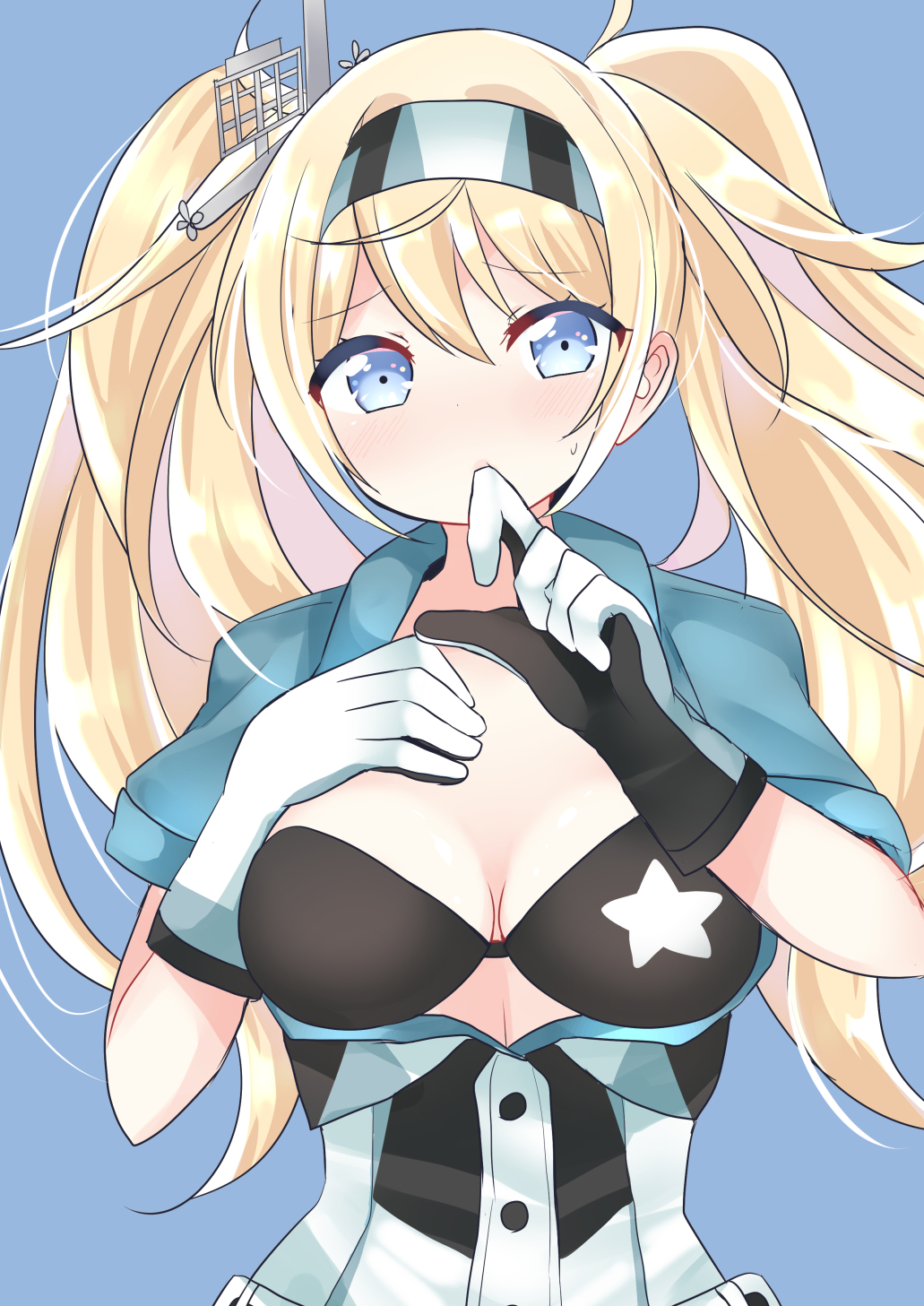 1girl bangs belt blonde_hair blue_background blue_eyes blue_shirt bra breast_pocket breasts buttons cleavage collared_shirt commentary commentary_request eyebrows_visible_through_hair gambier_bay_(kantai_collection) gloves hair_between_eyes hairband highres kantai_collection large_breasts long_hair looking_at_viewer multicolored multicolored_clothes multicolored_gloves ougi_hina pocket shirt short_sleeves shorts twintails underwear