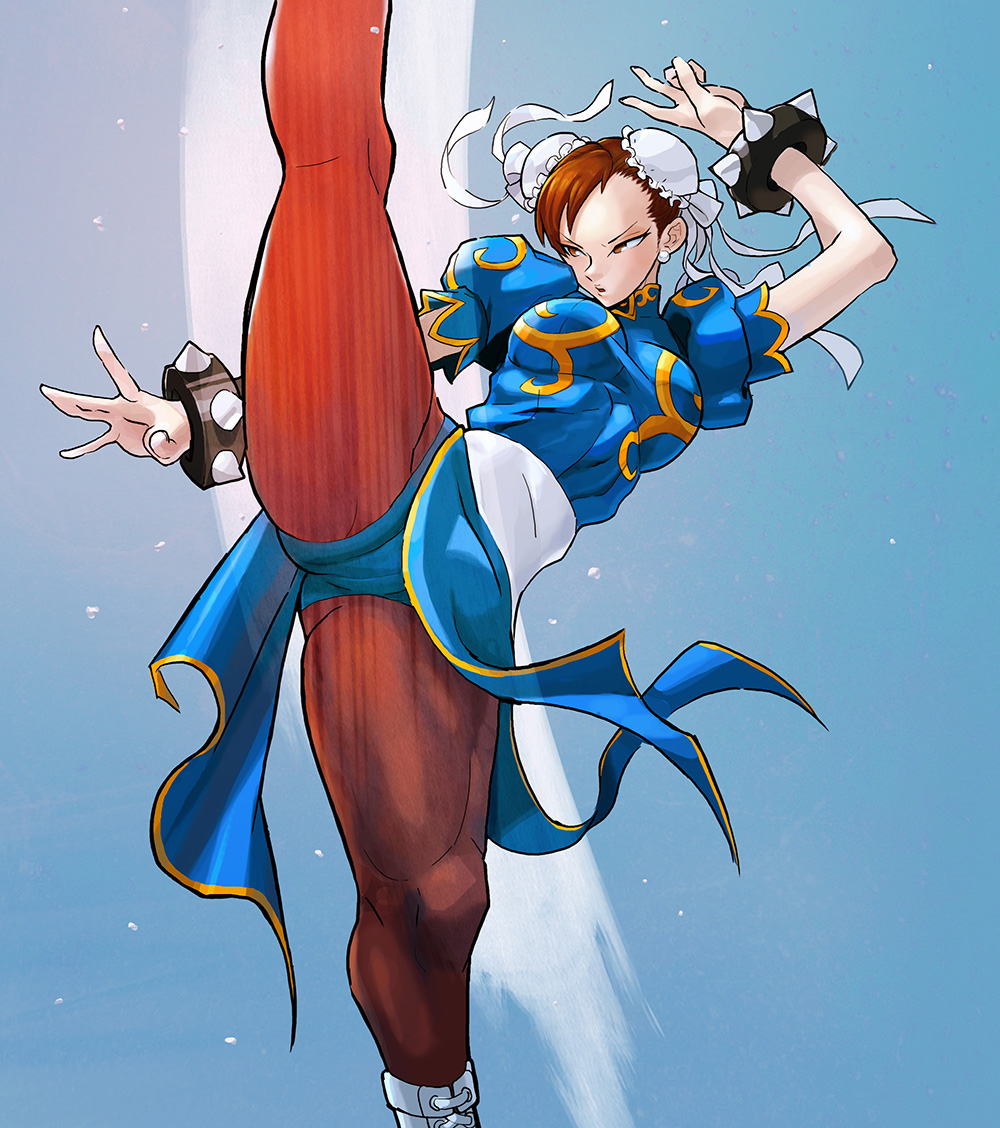 27_degrees blue_dress bracelet brown_eyes brown_hair brown_legwear bun_cover capcom china_dress chinese_clothes chun-li cross-laced_footwear double_bun dress high_kick jewelry kicking pantyhose pelvic_curtain puffy_short_sleeves puffy_sleeves short_sleeves simple_background spiked_bracelet spikes street_fighter street_fighter_ii_(series)