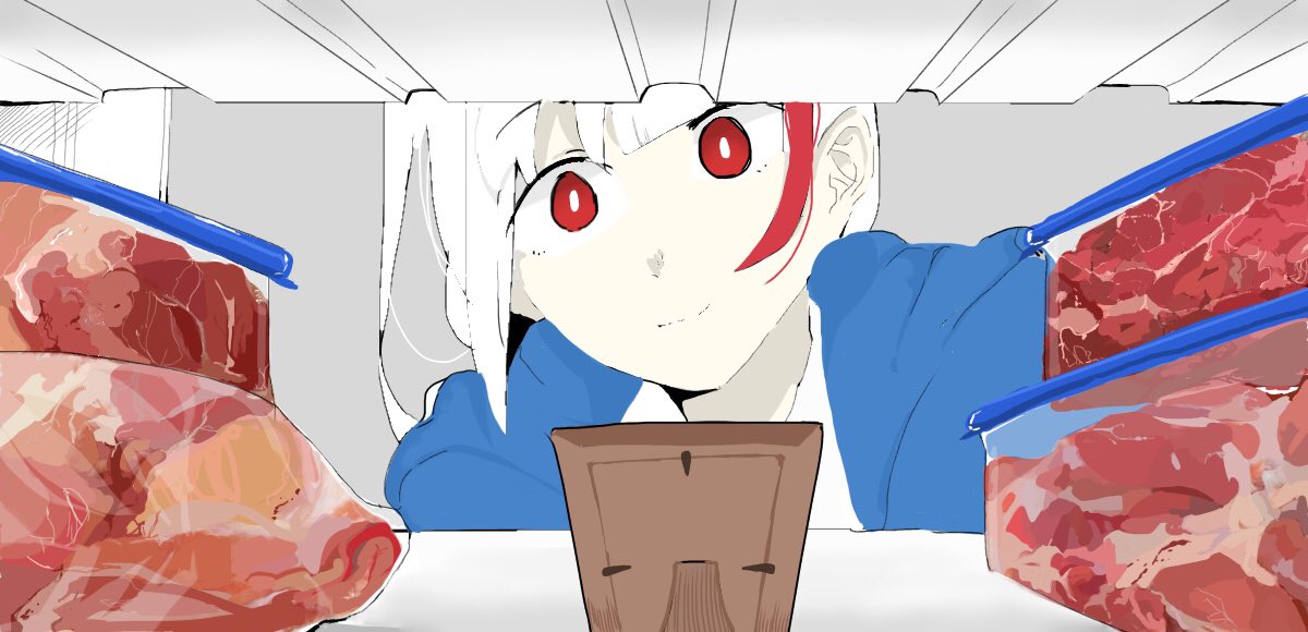 1girl bangs blue_jacket closed_mouth commentary eguchi_saan eyebrows_visible_through_hair food freezer freezer_interior highlights jacket long_hair looking_at_viewer meat multicolored_hair red_eyes sketch_eyebrows smile solo white_hair