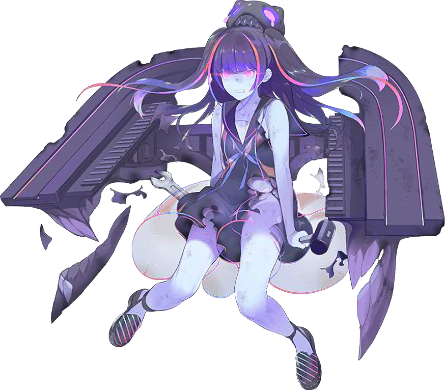 1girl akira_(kadokawa) character_request glowing glowing_eyes hammer kantai_collection long_hair machinery multicolored_hair official_art red_eyes tools torn_clothes twintails wrench