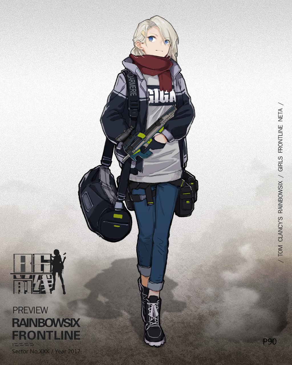 1girl bag blue_eyes bullpup duffel_bag full_body girls_frontline gloves gun hand_in_pocket highres holding holding_gun holding_weapon jacket p90 p90_(girls_frontline) platinum_blonde rainbow_six_siege scarf sola7764 solo submachine_gun walking weapon