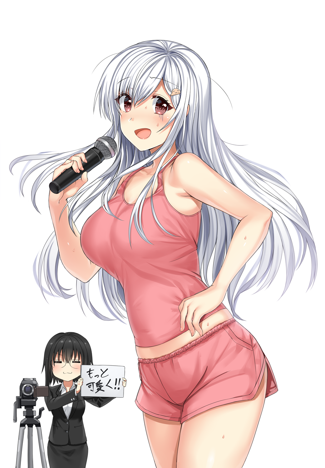 2girls :3 =_= aldehyde bare_shoulders black_hair black_suit breasts brown_eyes commentary_request eyebrows_visible_through_hair eyes_visible_through_hair formal hair_between_eyes hair_ornament hairclip highres holding holding_microphone imoko_(neeko's_sister) large_breasts long_hair looking_at_viewer microphone multiple_girls neeko open_mouth original pink_shorts pink_tank_top shorts sign silver_hair simple_background suit sweat tank_top translated very_long_hair white_background
