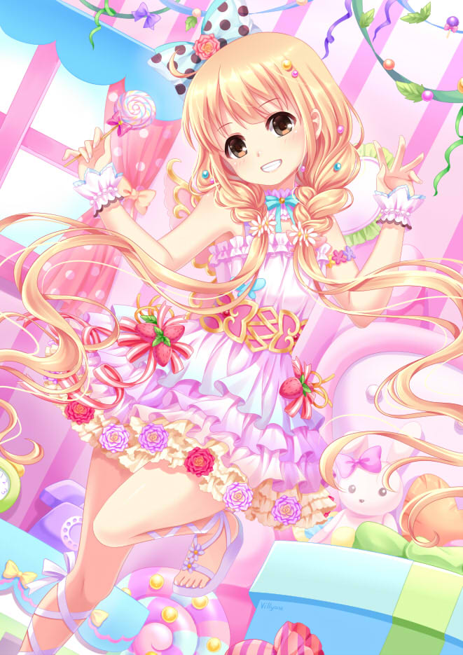 1girl bangs bare_shoulders blonde_hair blue_bow blush bow box brown_eyes candy commentary_request dress eyebrows_visible_through_hair fingernails food futaba_anzu gift gift_box grin hair_bow head_tilt holding holding_food holding_lollipop idolmaster idolmaster_cinderella_girls idolmaster_cinderella_girls_starlight_stage indoors layered_dress lollipop long_hair looking_at_viewer low_twintails phone pink_dress pleated_skirt polka_dot polka_dot_bow purple_footwear sandals skirt sleeveless sleeveless_dress smile solo standing standing_on_one_leg striped stuffed_animal stuffed_bunny stuffed_toy swirl_lollipop toenails twintails vertical_stripes very_long_hair villyane window wrist_cuffs