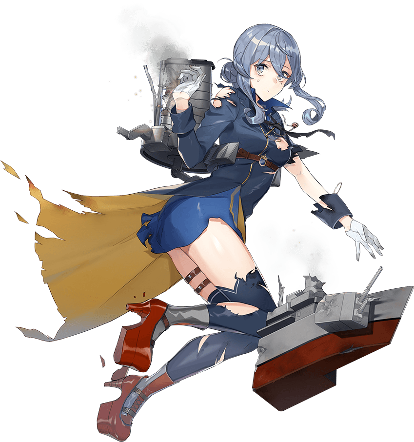 1girl blue_eyes blue_hair drew_(drew213g) gloves gotland_(kantai_collection) kantai_collection long_hair long_sleeves mole mole_under_eye official_art simple_background smoke solo torn_clothes transparent_background white_background white_gloves