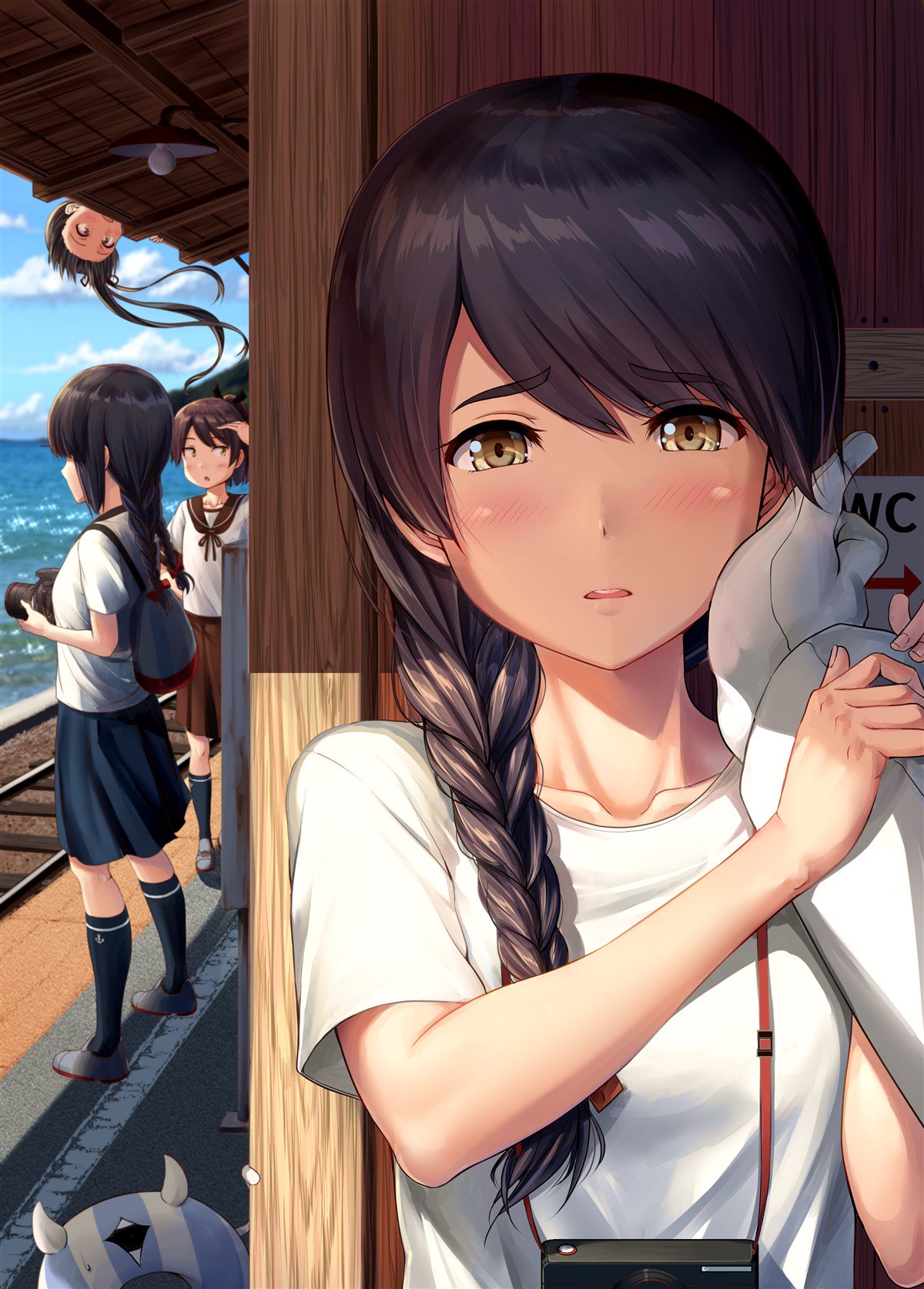 4girls admiral_(kantai_collection) ayanami_(kantai_collection) bag beach black_hair blue_sky braid brown_eyes brown_hair camera clouds commentary_request day enemy_lifebuoy_(kantai_collection) hair_over_shoulder hand_on_another's_face highres horizon ichikawa_feesu isonami_(kantai_collection) kantai_collection light_bulb long_hair looking_at_viewer multiple_girls ocean outdoors ponytail pov railroad_tracks school_uniform serafuku shikinami_(kantai_collection) shirt short_hair side_ponytail single_braid sky solo_focus upper_body uranami_(kantai_collection) white_shirt