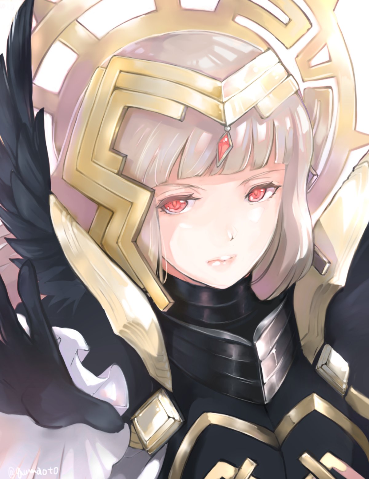 1girl armor black_armor black_gloves closed_mouth crown fire_emblem fire_emblem_heroes gloves grey_hair hair_ornament highres long_hair nintendo qumaoto red_eyes solo veronica_(fire_emblem)