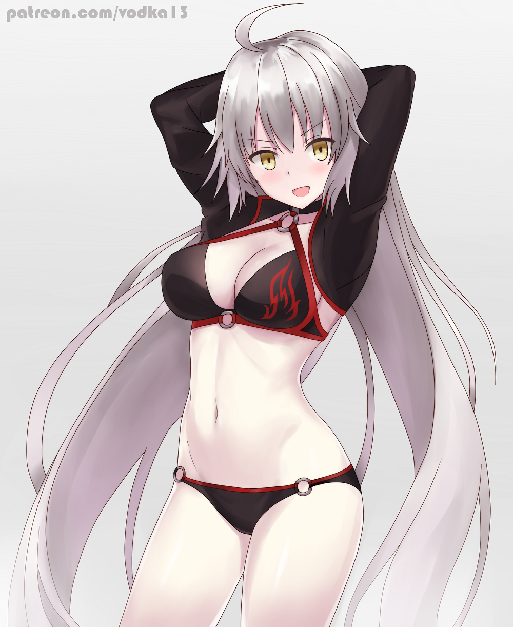 1girl :d ahoge arms_behind_head arms_up artist_name bangs bikini black_bikini black_choker blush breasts choker cleavage collarbone cowboy_shot eyebrows_visible_through_hair fate/grand_order fate_(series) flame_print grey_background grey_hair groin hair_between_eyes head_tilt highres jeanne_d'arc_(alter_swimsuit_berserker) jeanne_d'arc_(fate)_(all) large_breasts long_hair looking_at_viewer navel o-ring o-ring_bikini o-ring_bottom o-ring_top open_mouth pale_skin patreon_username print_bikini shiny shiny_hair shrug_(clothing) sidelocks simple_background smile solo standing stomach swimsuit v-shaped_eyebrows very_long_hair vodka13 watermark web_address yellow_eyes