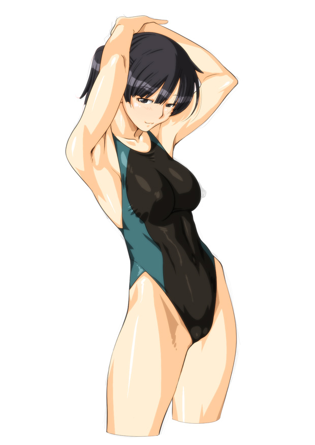 1girl amagami arikawa arms_behind_head arms_up black_eyes black_hair black_swimsuit breasts competition_swimsuit cowboy_shot cropped_legs medium_breasts one-piece_swimsuit ponytail simple_background smile solo swimsuit tsukahara_hibiki white_background